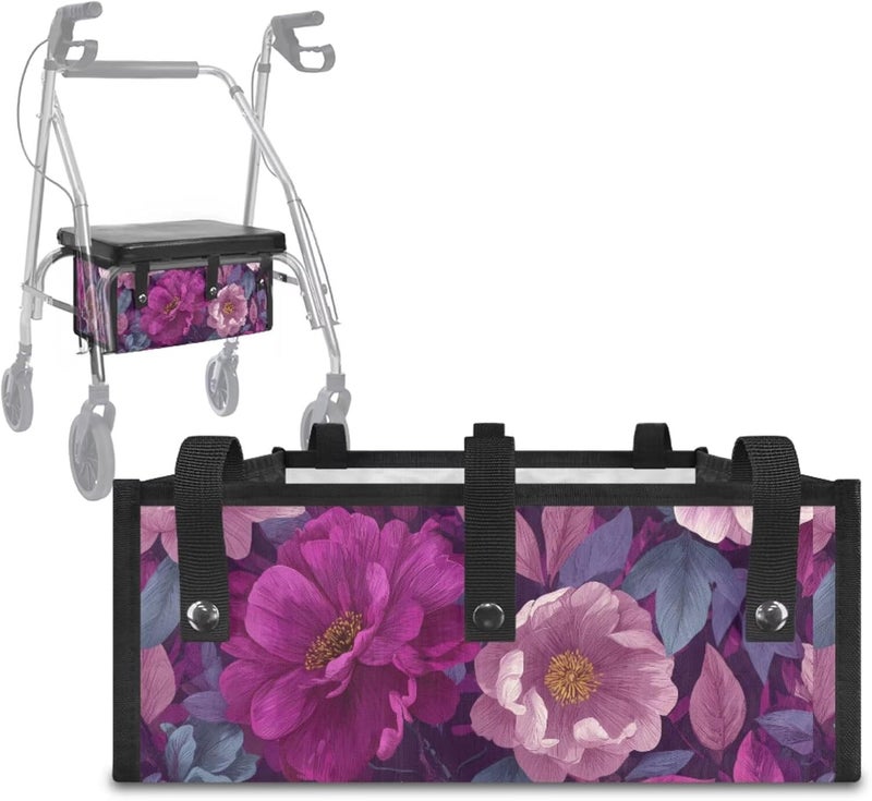 LedBack Universal Rollator Walker Seat and Backrest Covers Rollator Cover Walker Accessories Sets for Seniors Durable Underseat Pouch Tote, Purple Floral Leaves - Image 3